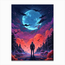 Dark Black Forest Full Moon Painting Canvas Print