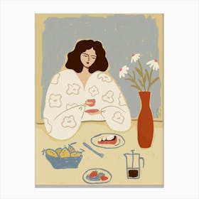 Woman with cup of coffee, Breakfast retro poster, Abstract modern art Canvas Print