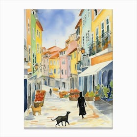 Food Market With Cats In Lisbon 2 Watercolour Canvas Print