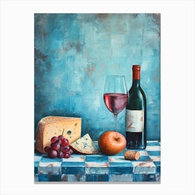 Wine Cheese & Grapes Blue Checkerboard 4 Canvas Print