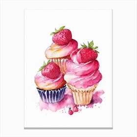 Strawberry Cupcakes, Dessert, Food Watercolour 3 Canvas Print