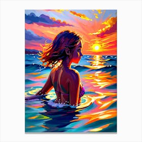 Girl Swimming In The Sea, Beautiful Sunset Acrylic Paint Canvas Print