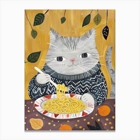 Grey Cat Eating Pasta Folk Illustration 2 Canvas Print