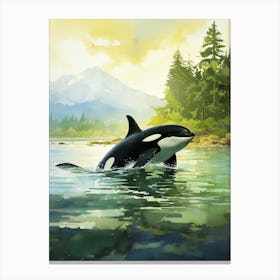 Green Watercolour Orca Whale Canvas Print