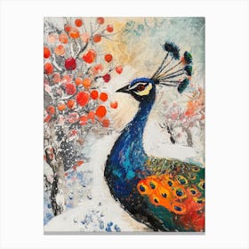 Peacock In A Winter Setting Painting 2 Canvas Print
