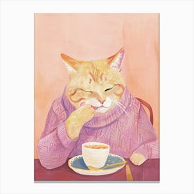 Tan Cat Having Breakfast Folk Illustration 3 Canvas Print