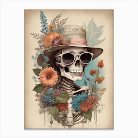 Vintage Floral Skeleton With Hat And Sunglasses (68) Canvas Print
