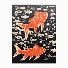 Goldfish, Woodblock Animal  Drawing 1 Canvas Print