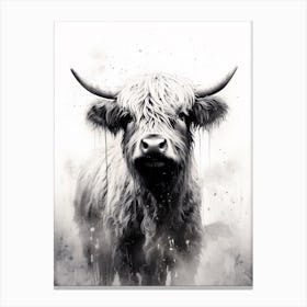 Black & White Ink Painting Of Highland Cow 1 Canvas Print