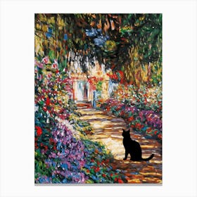 Black Cat Claude Monet Fine Art Print of Garden Path at Giverny, 1902 - Belvedere Museum Vienna Austria in HD for Feature Wall Decor - Fully Restored High Definition with Added Funny Famous Cat Canvas Print