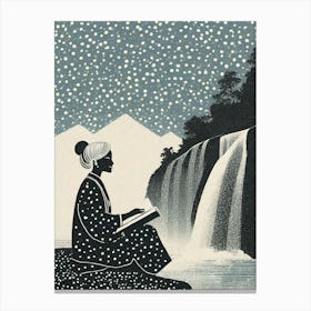 Woman Reading By A Waterfall Canvas Print