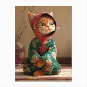 Pixar Animation Style A Female Cute Orange Cat Wearing A Chinese Northeast Flower Cotton Padded Jacket Is Sitting Cross Legged On The Earthen Kang With A Wronged Look On Her Face Canvas Print