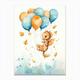 Seahorse Flying With Autumn Fall Pumpkins And Balloons Watercolour Nursery 1 Canvas Print