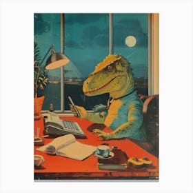 Dinosaur At A Desk Retro Collage Canvas Print