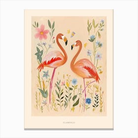 Folksy Floral Animal Drawing Flamingo Poster Canvas Print