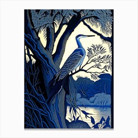 Blue Heron In Tree Vintage Linocut 1 Canvas Print