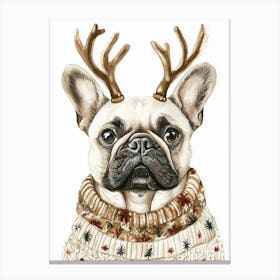 French Bulldog In Christmas Jumper And Antlers Neutral Canvas Print