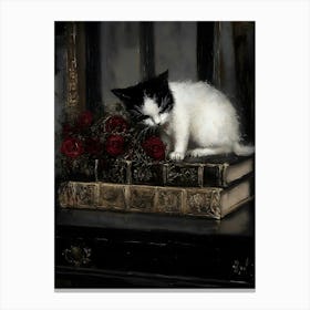 Dark Gothic Cat With Roses Canvas Print