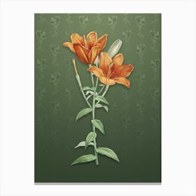 Vintage Orange Bulbous Lily Botanical on Lunar Green Pattern Canvas Print