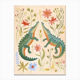 Folksy Floral Animal Drawing Crocodile Canvas Print