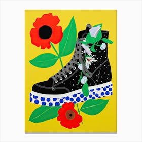 Floral Footwear Fiesta: Shoes Adorned with Daisies and Poppies Canvas Print