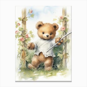 Fencing Teddy Bear Painting Watercolour 1 Canvas Print