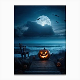 Halloween Themed Coastal Landscape During Dusk Featuring A Jack O Lantern With A Glowing Eye Perched 2 1 Canvas Print