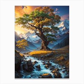 Lone Tree In The Mountains Print Canvas Print