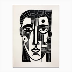 Linocut Inspired Face Black & White 2 Canvas Print