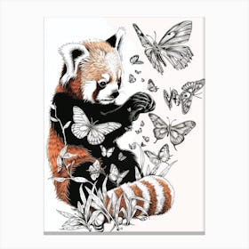 Red Panda Cub Playing With Butterflies Ink Illustration 4 Canvas Print