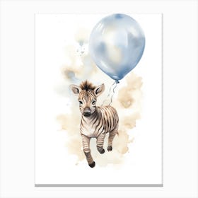 Baby Zebra Flying With Ballons, Watercolour Nursery Art 1 Canvas Print