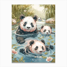 Giant Panda Family Swimming In A River Storybook Illustration 2 Canvas Print
