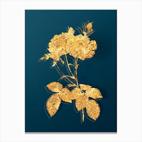 Vintage Damask Rose Botanical in Gold on Teal Blue n.0180 Canvas Print
