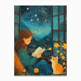 Girl Reading Book with Her Cat 6 Canvas Print