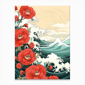 Great Wave With Poppy Flower Drawing In The Style Of Ukiyo E 4 Canvas Print