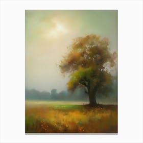 Oak tree, fine work of art, misty atmosphere, green meadow..2 Canvas Print