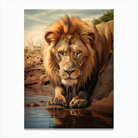 African Lion Drinking From A Stream Realistic 10 Canvas Print