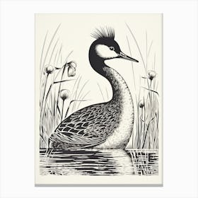 B&W Bird Linocut Grebe 4 Canvas Print