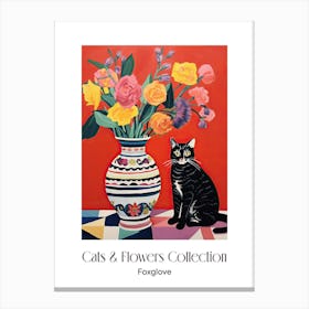 Cats & Flowers Collection Foxglove Flower Vase And A Cat, A Painting In The Style Of Matisse 0 Canvas Print