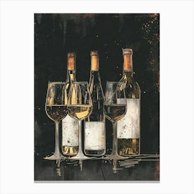 Wine Bottle & Glasses Ink Splash Illustration Canvas Print