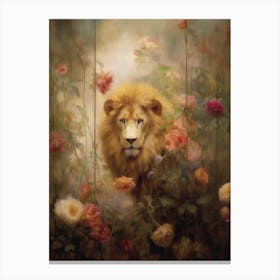 Lion In Wild Roses Canvas Print