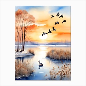 Ducks Flying Over The Lake Canvas Print
