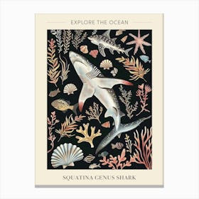 Squatina Genus Shark Seascape Black Background Illustration 1 Poster Canvas Print
