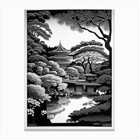 Hamarikyu Gardens, 1, Japan Linocut Black And White Vintage Canvas Print