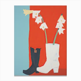 A Painting Of Cowboy Boots With White Flowers, Pop Art Style 6 Canvas Print