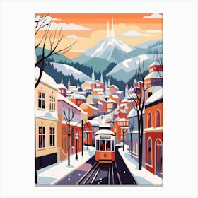 Vintage Winter Travel Illustration Bergen Norway 4 Canvas Print