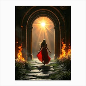 Woman Walking Through A Fire Portal 1 Canvas Print