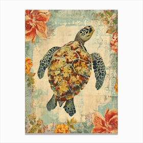 Textured Floral Sea Turtle Blue & Sepia 2 Canvas Print
