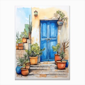 Blue Door With Potted Plants Canvas Print