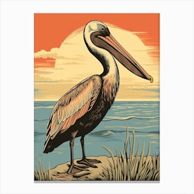 Vintage Bird Linocut Brown Pelican 4 Canvas Print